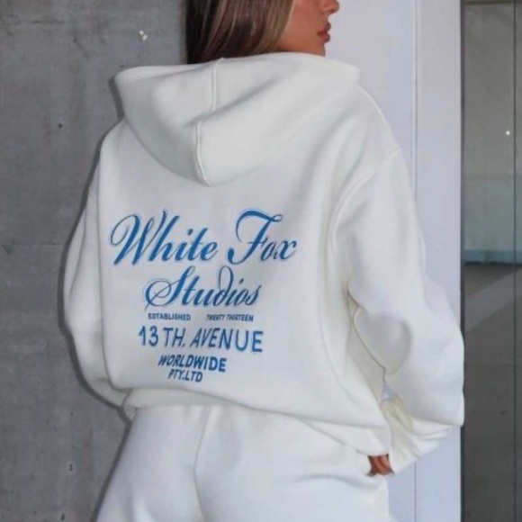 White Fox Boutique Tops - White Fox Boutique White Cream Hoodie Blue Logo Oversized Snow Color M/L